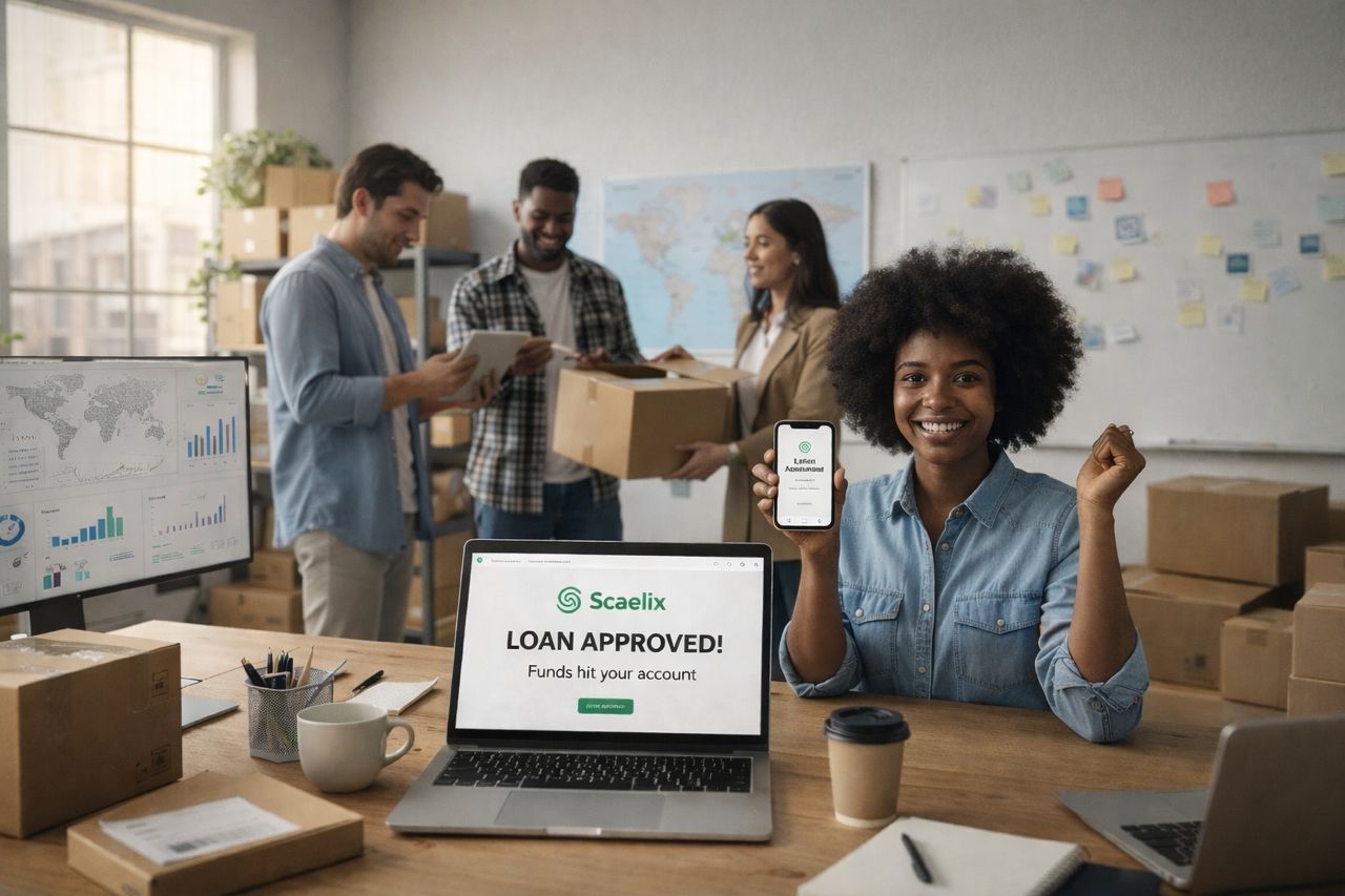 E-commerce seller celebrating loan approval on Scaelix platform
